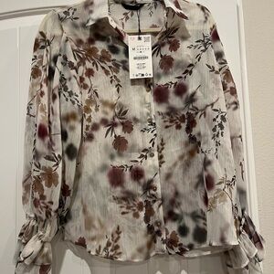 Zara White Cream Long Sleeve Notched Collar Blouse